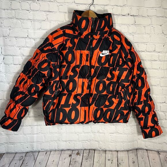 Nike Just Do It All Over Print Puffer Jacket Womens Small Orange Black - Picture 1 of 10